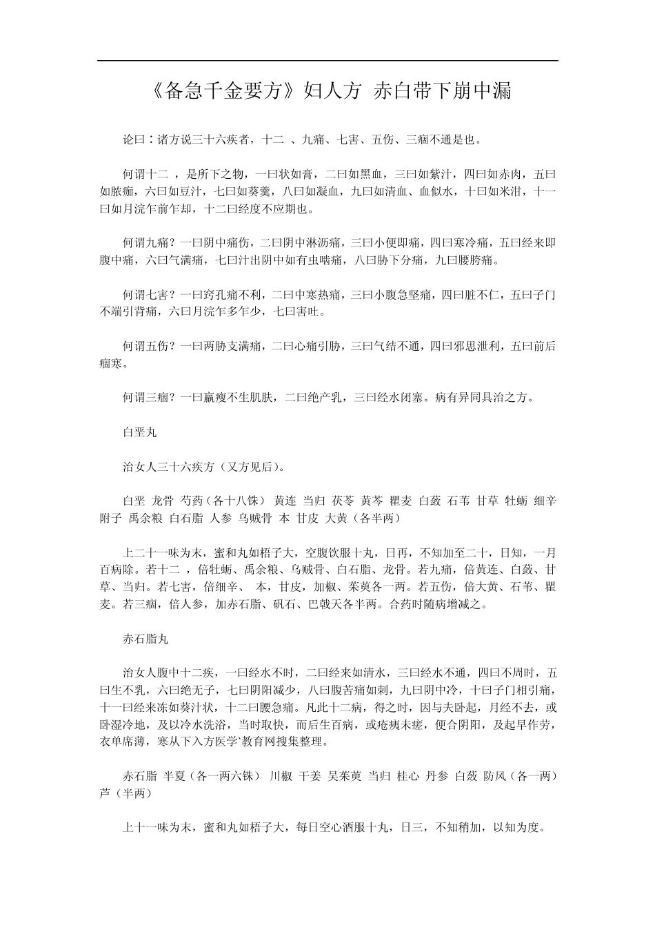 《备急千金要方》妇人方赤白带下崩中漏_第1页