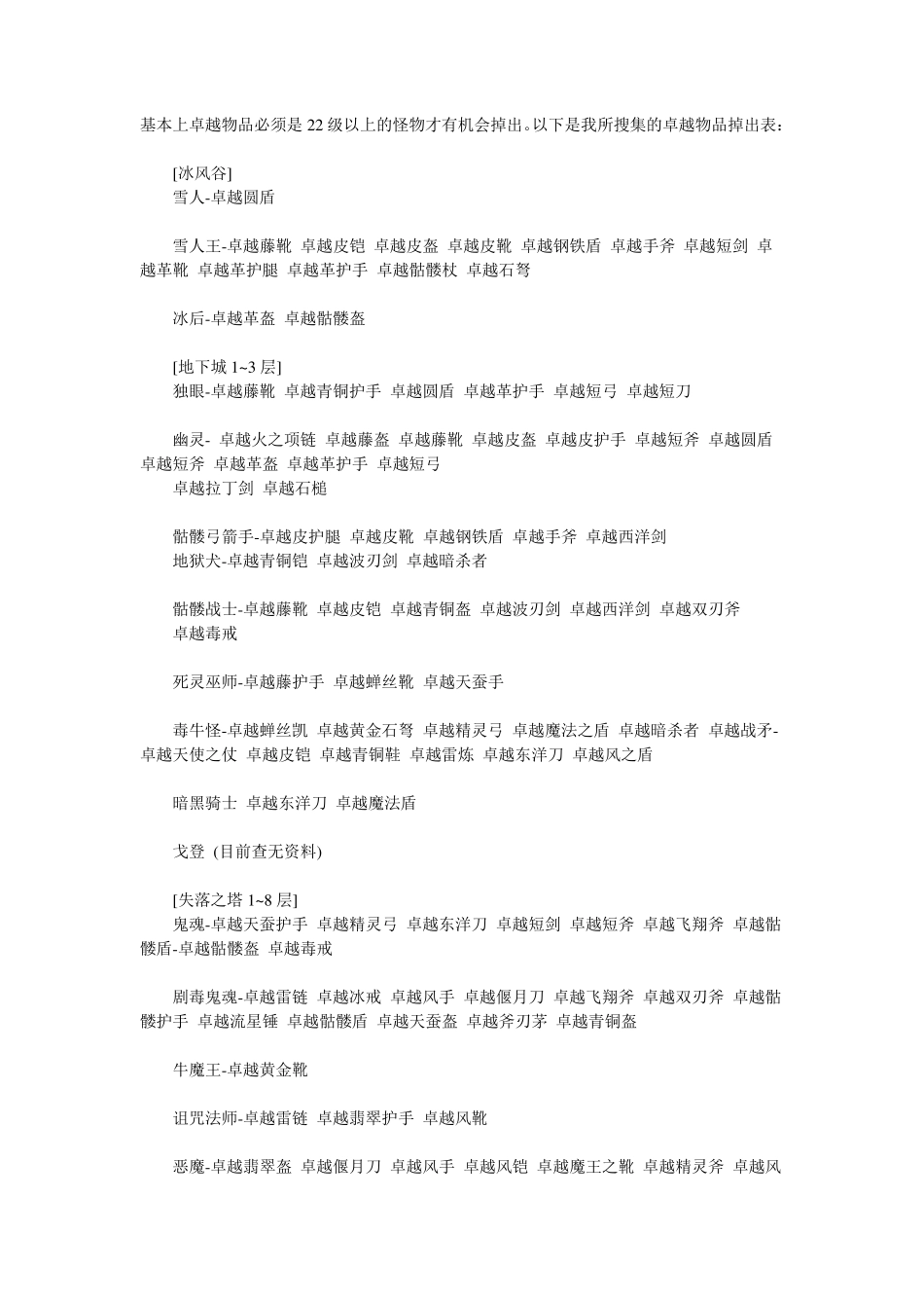 《奇迹》卓越物品掉出一览表_第1页