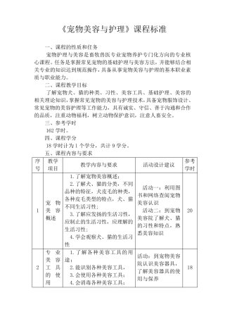 《宠物美容与护理》课程标准