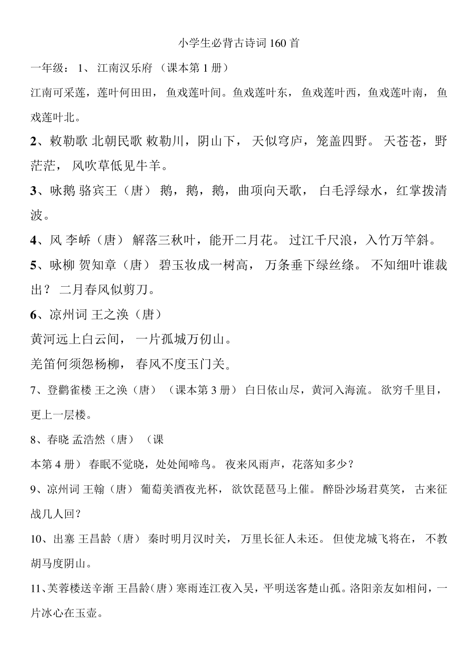 《小升初》六年级总复习之小学生必背古诗词160首(完全版)整理后版_第1页