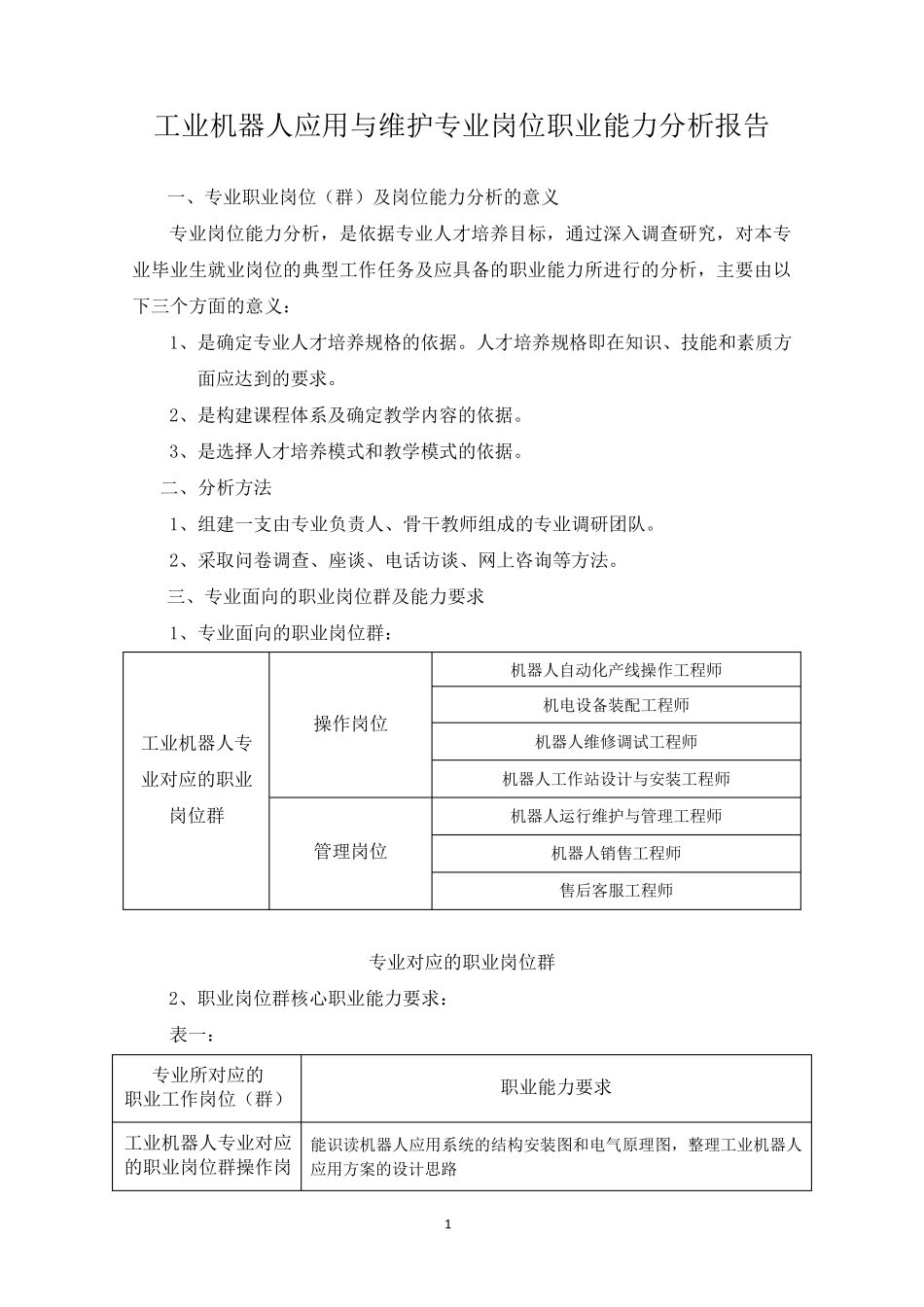 《工业机器人应用与维护》专业岗位职业能力分析报告_第1页