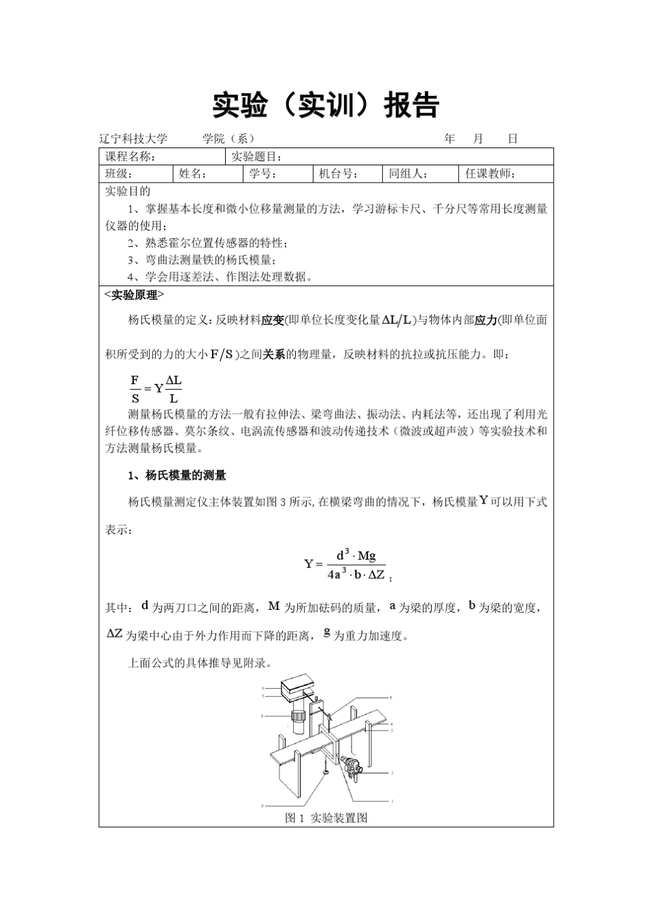 《弯曲法测量杨氏模量》实验报告(无数据版)王艳东_第1页