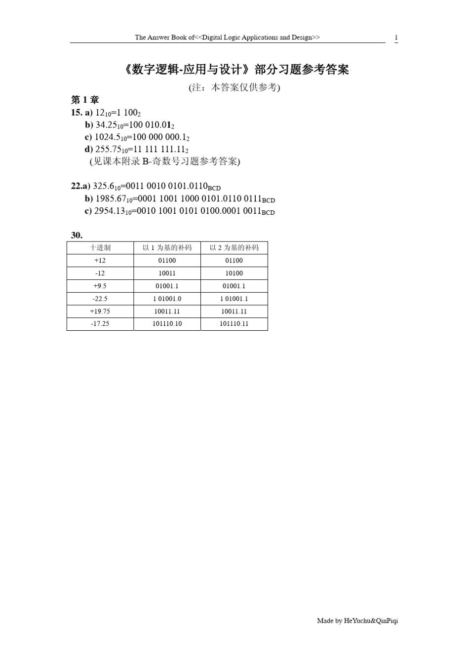 《数字逻辑应用与设计》部分习题参考答案_第1页