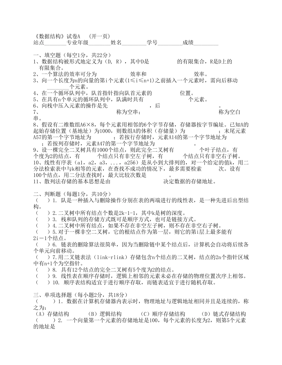 《数据结构》试卷A(开一页)_第1页