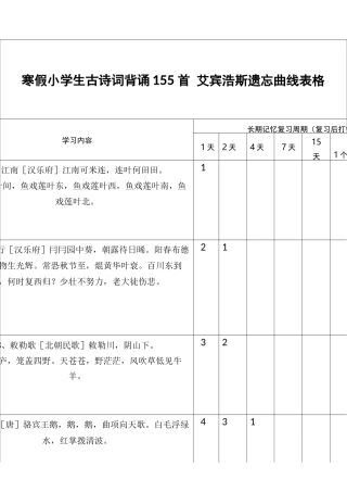 155首小学生寒假北宋打卡艾宾浩斯遗忘曲线表格