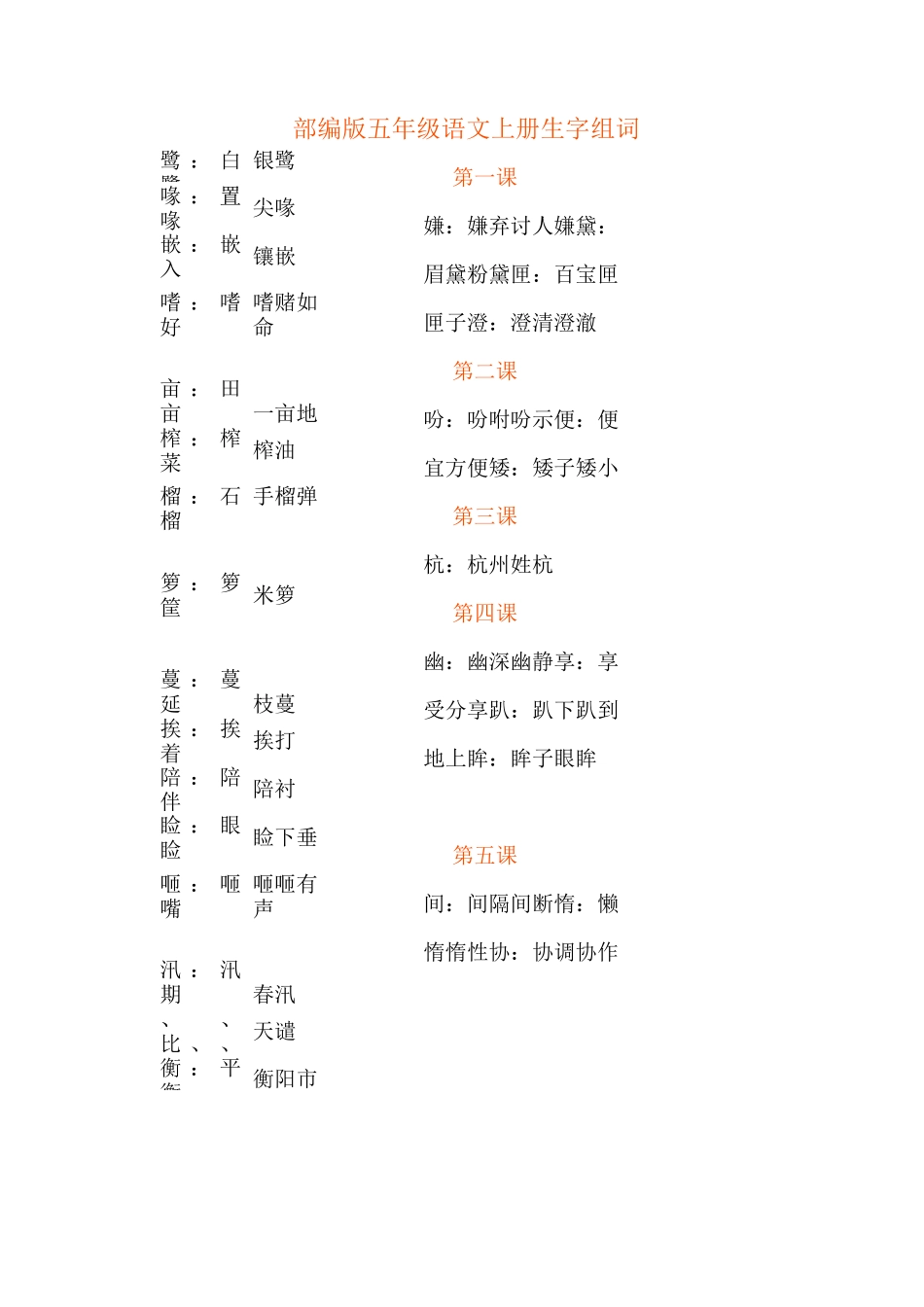 部编人教版五年级语文上册课文生字组词-五上语文部教版组词_第1页