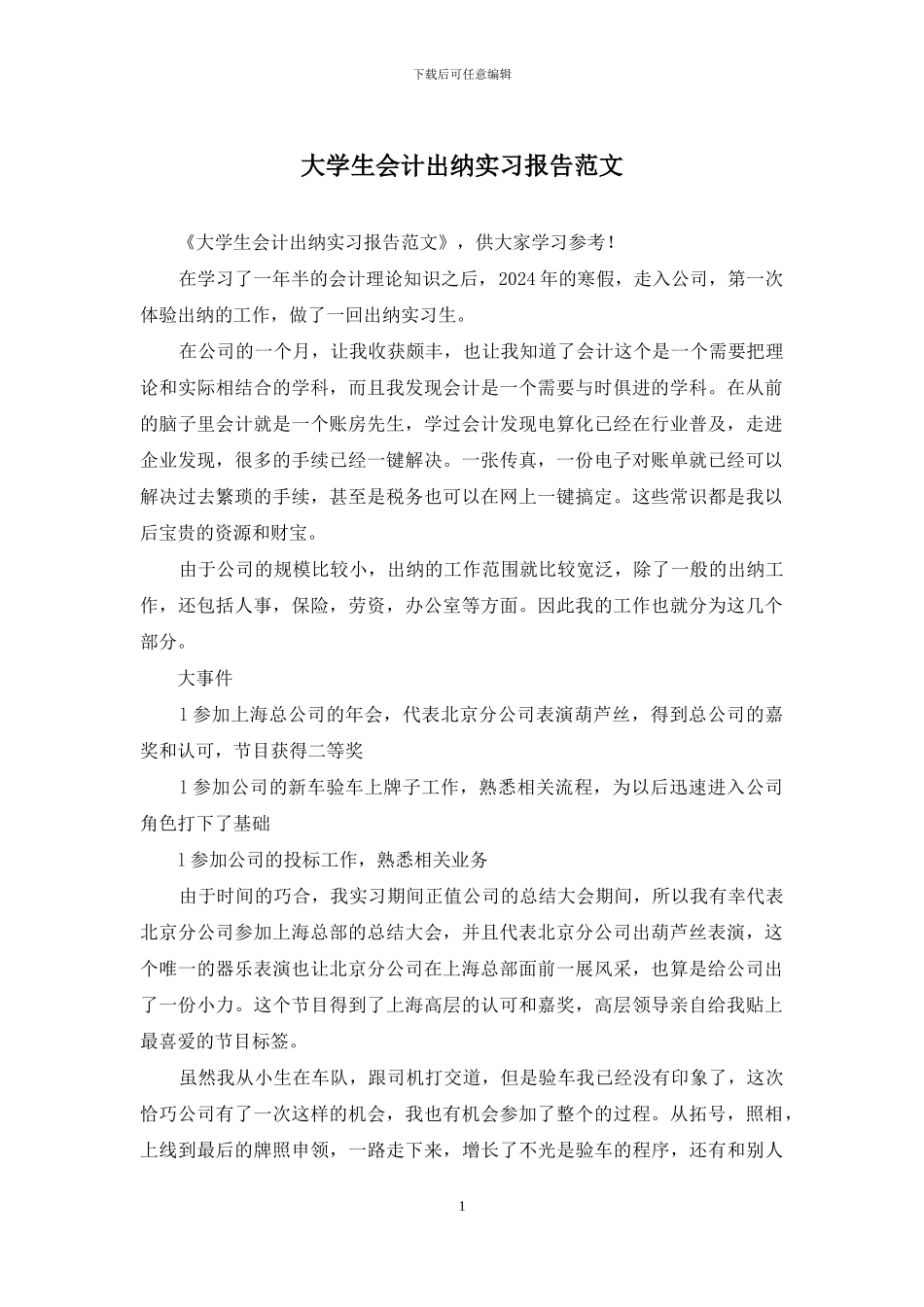 大学生会计出纳实习报告范文_第1页