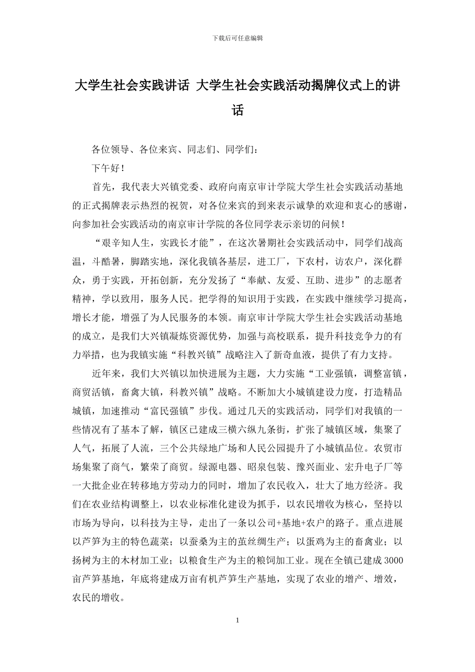 大学生社会实践讲话-大学生社会实践活动揭牌仪式上的讲话_第1页