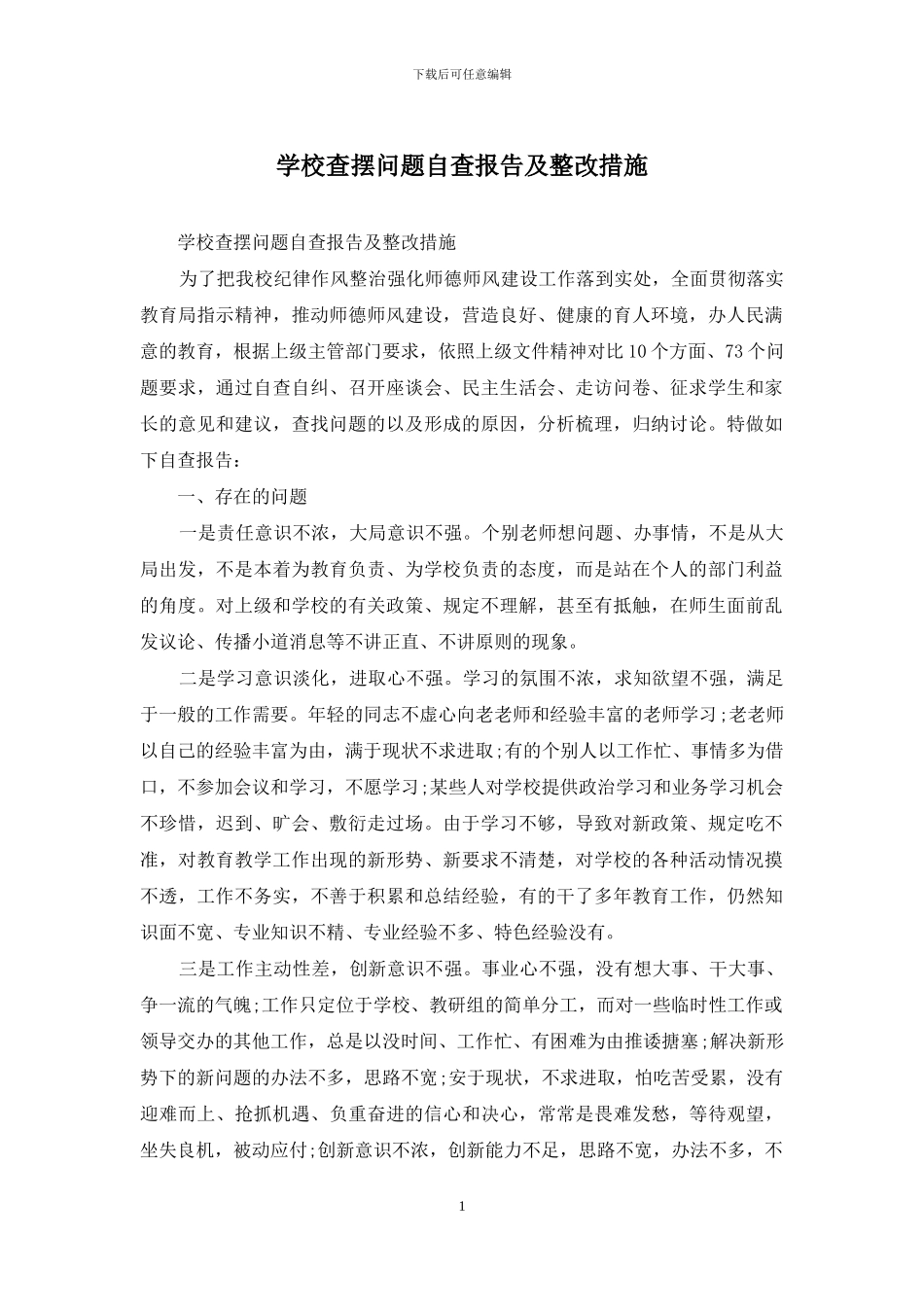 学校查摆问题自查报告及整改措施_第1页