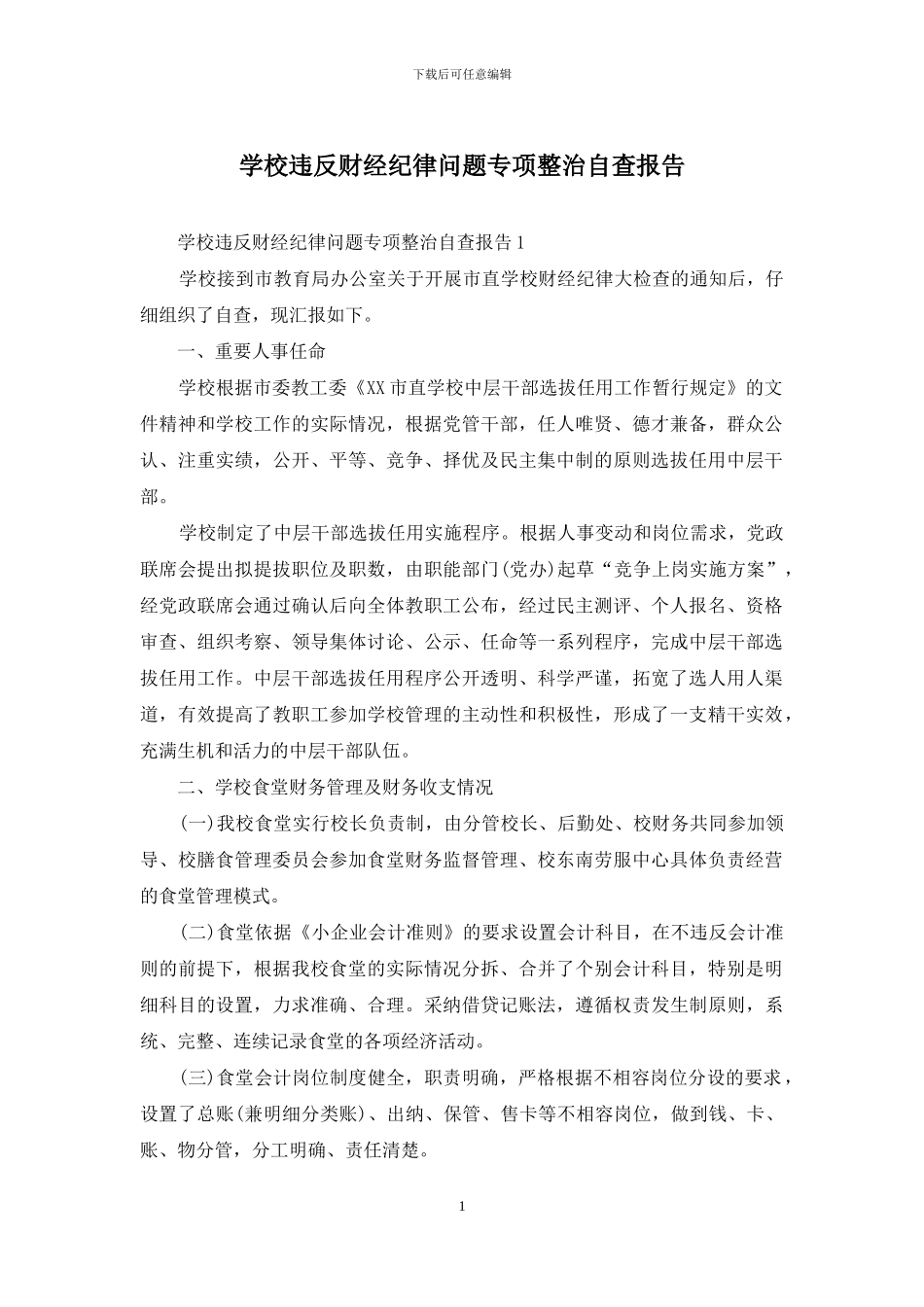 学校违反财经纪律问题专项整治自查报告_第1页