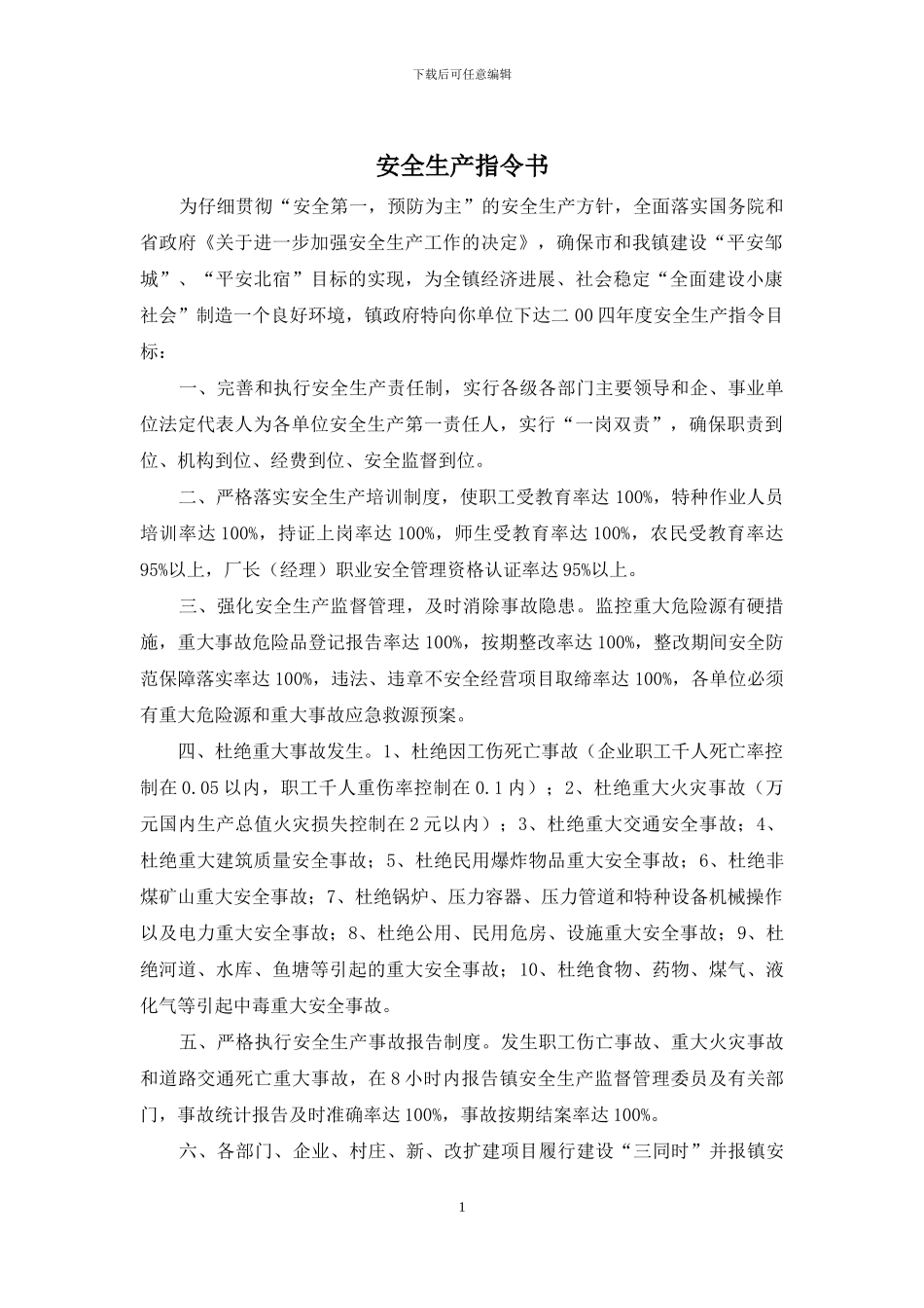 安全生产指令书_第1页