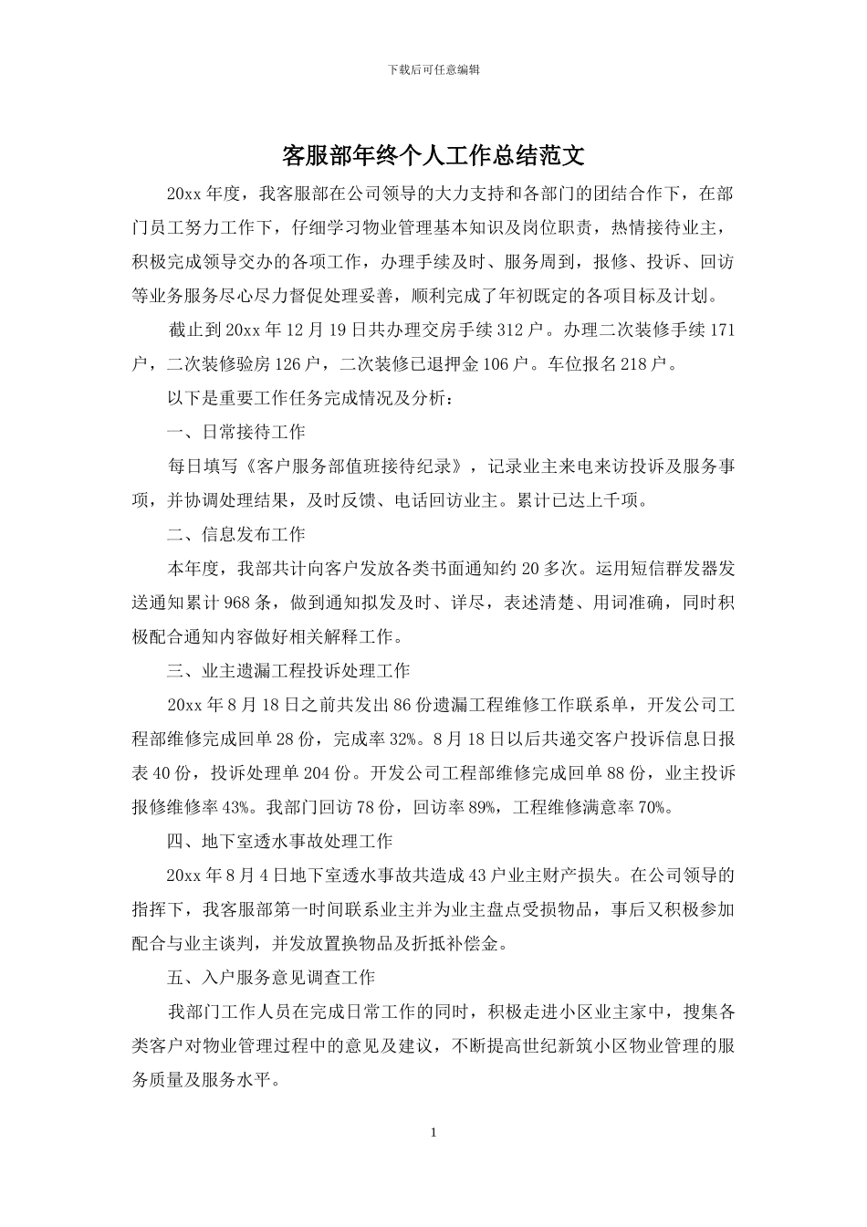 客服部年终个人工作总结范文_第1页