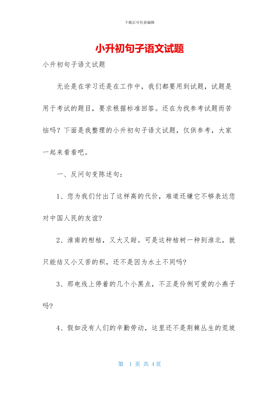 小升初句子语文试题_第1页