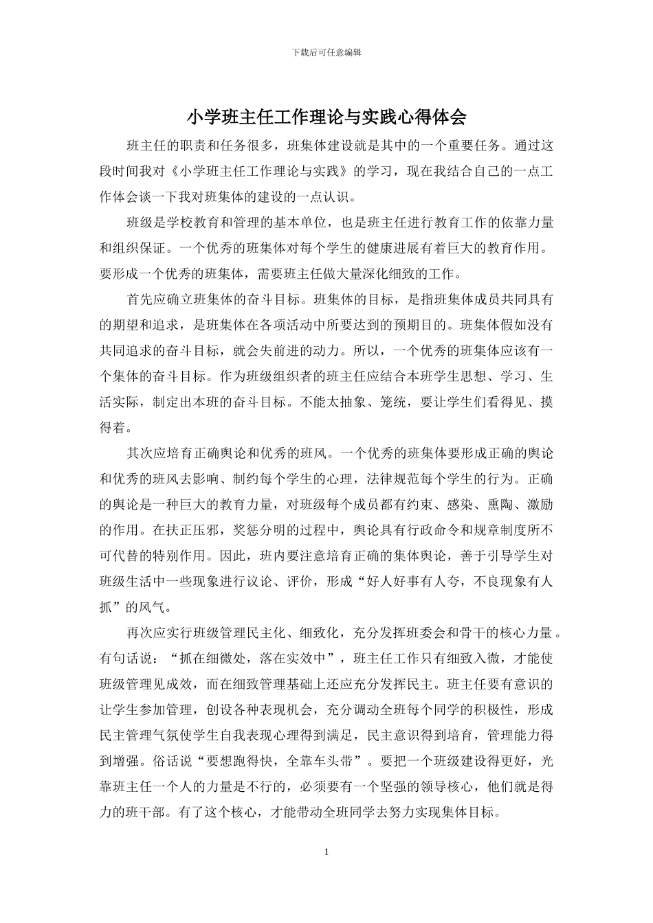 小学班主任工作理论与实践心得体会_第1页