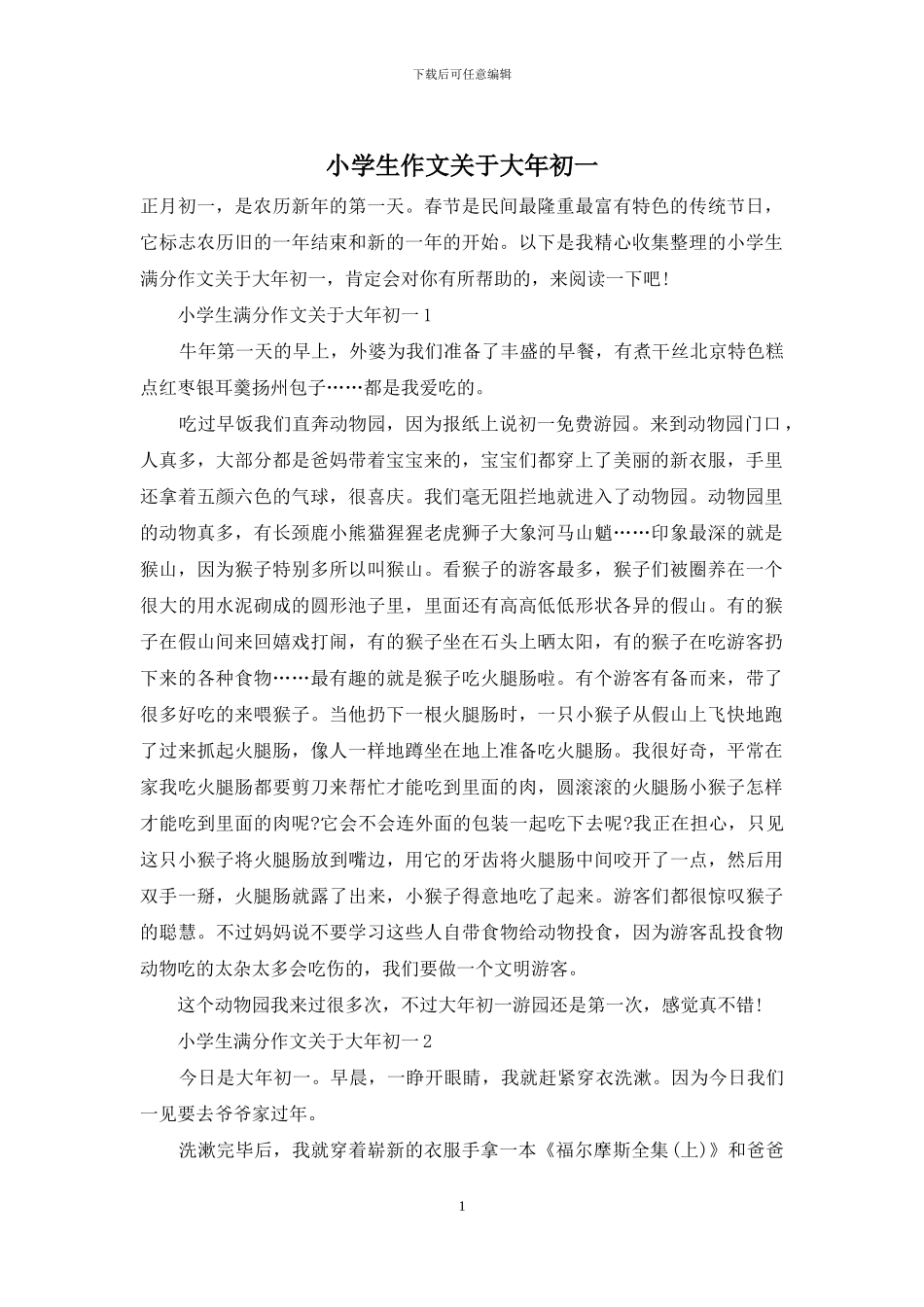 小学生作文关于大年初一_第1页