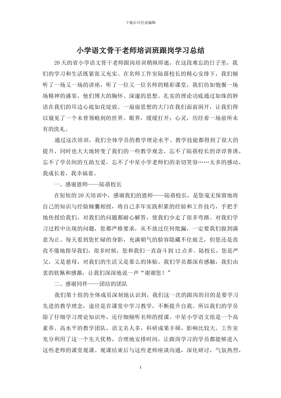 小学语文骨干教师培训班跟岗学习总结_第1页