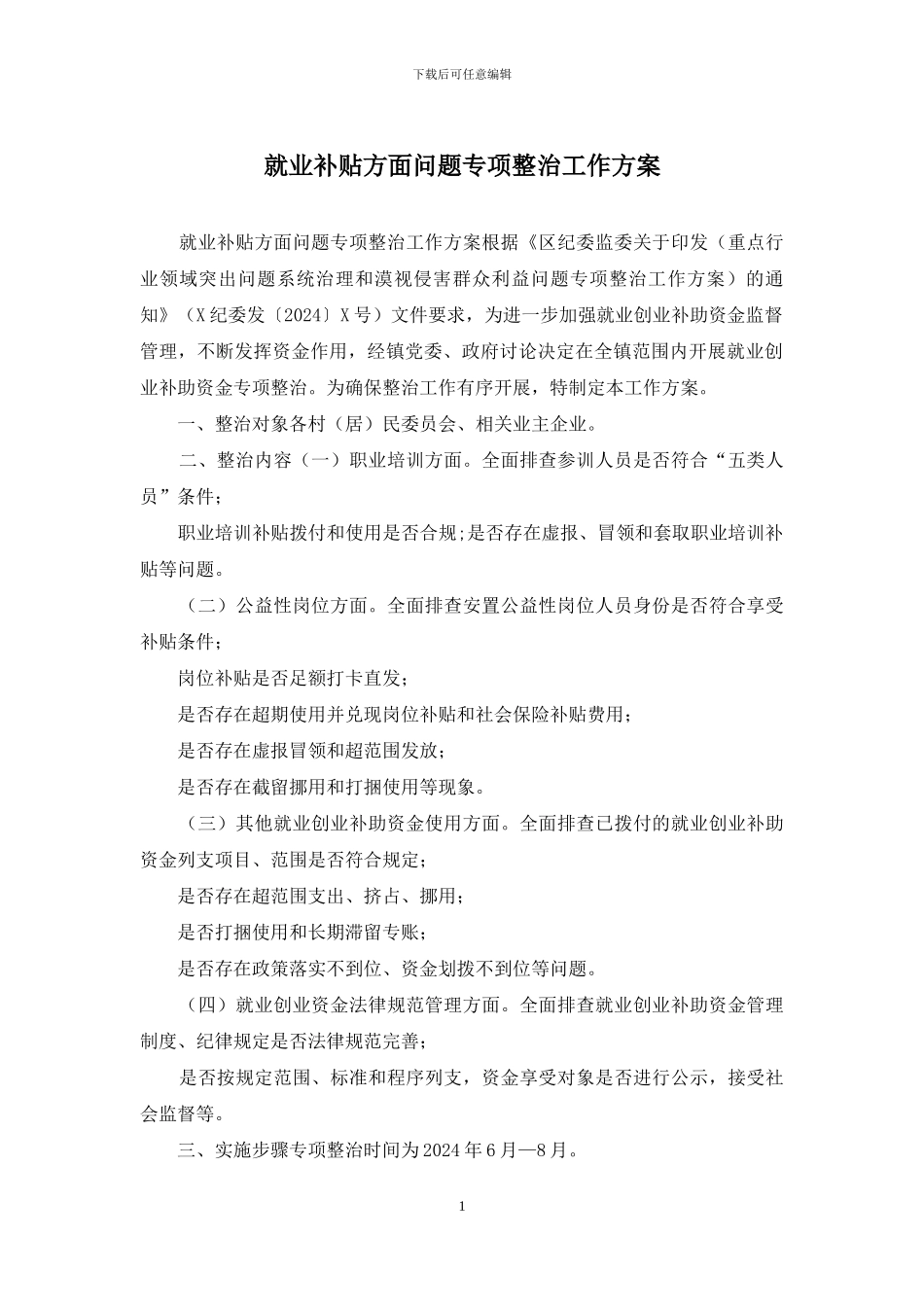 就业补贴方面问题专项整治工作方案_第1页