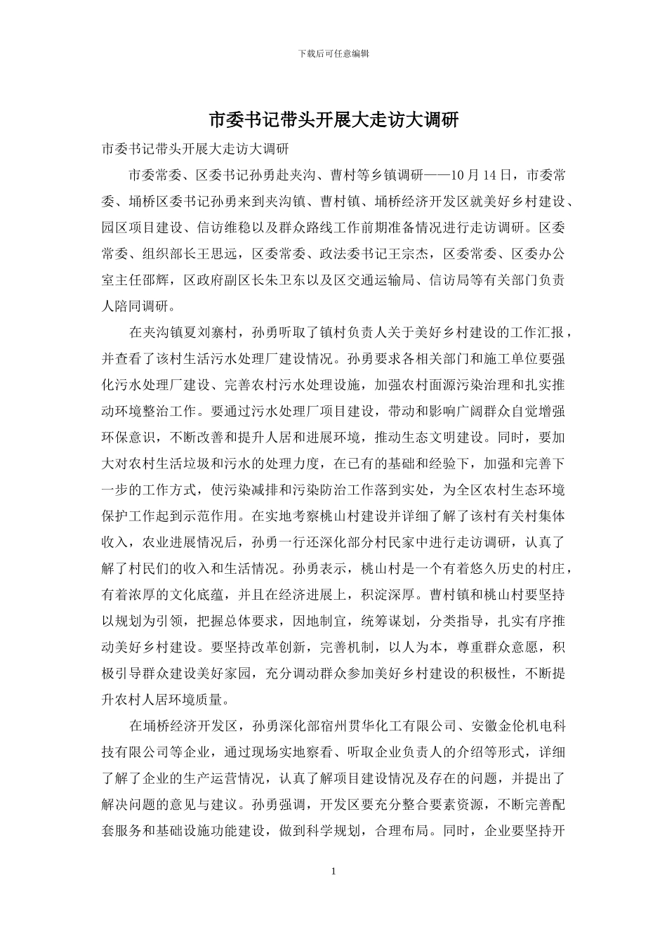 市委书记带头开展大走访大调研_第1页