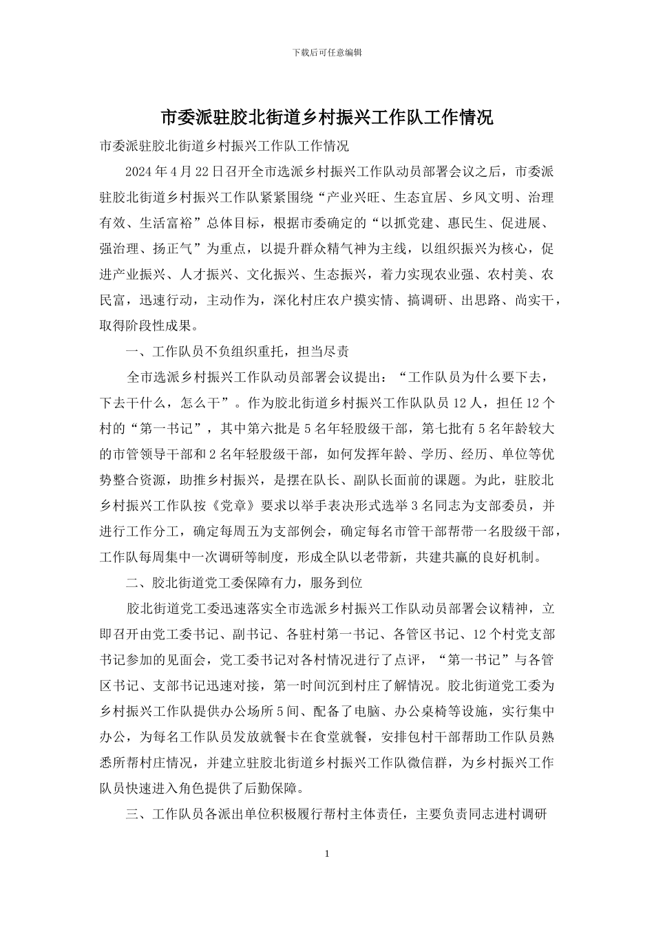 市委派驻胶北街道乡村振兴工作队工作情况_第1页