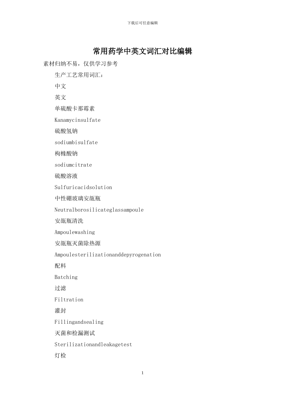 常用药学中英文词汇对照编辑_第1页