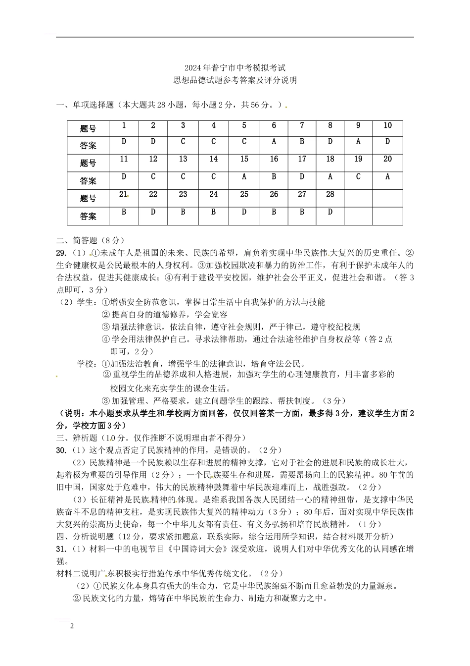 广东省普宁市2024届九年级政治下学期第一次模拟试题_第2页