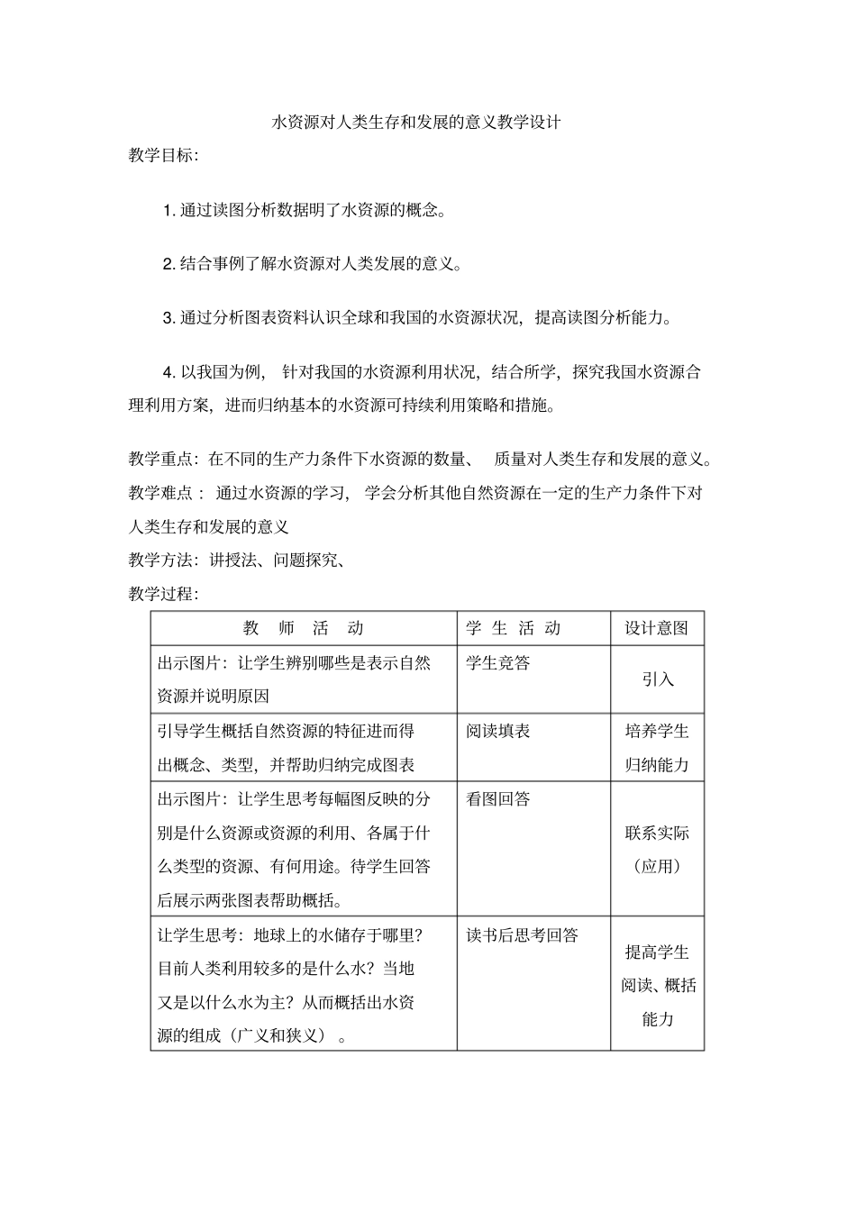 水资源对人类生存和发展的意义教学设计_第1页