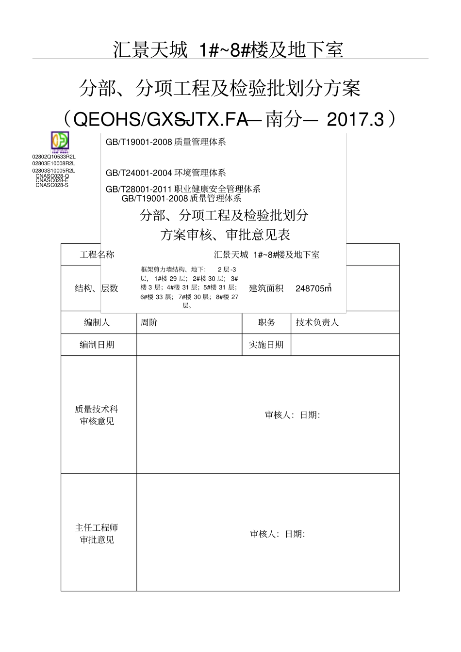 汇景天城楼及地下室工程分部分项及检验批划分方案_第1页