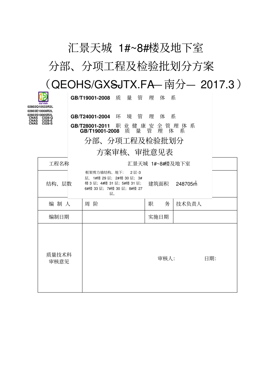 汇景天城8#楼及地下室工程分部分项及检验批划分方案_第1页