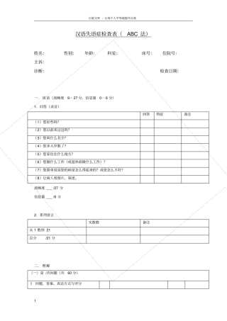 汉语失语症评定量表ABC