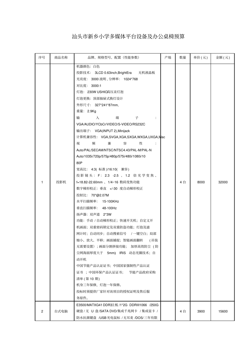 汕头新乡小学多媒体平台设备及办公桌椅预算_第1页