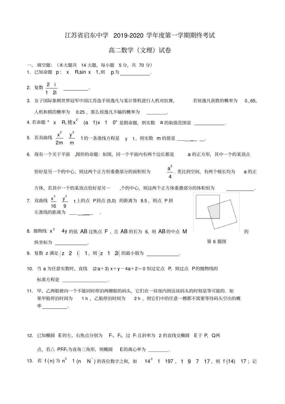 江苏2019-2020学年高二数学上学期期末考试试题1_第1页
