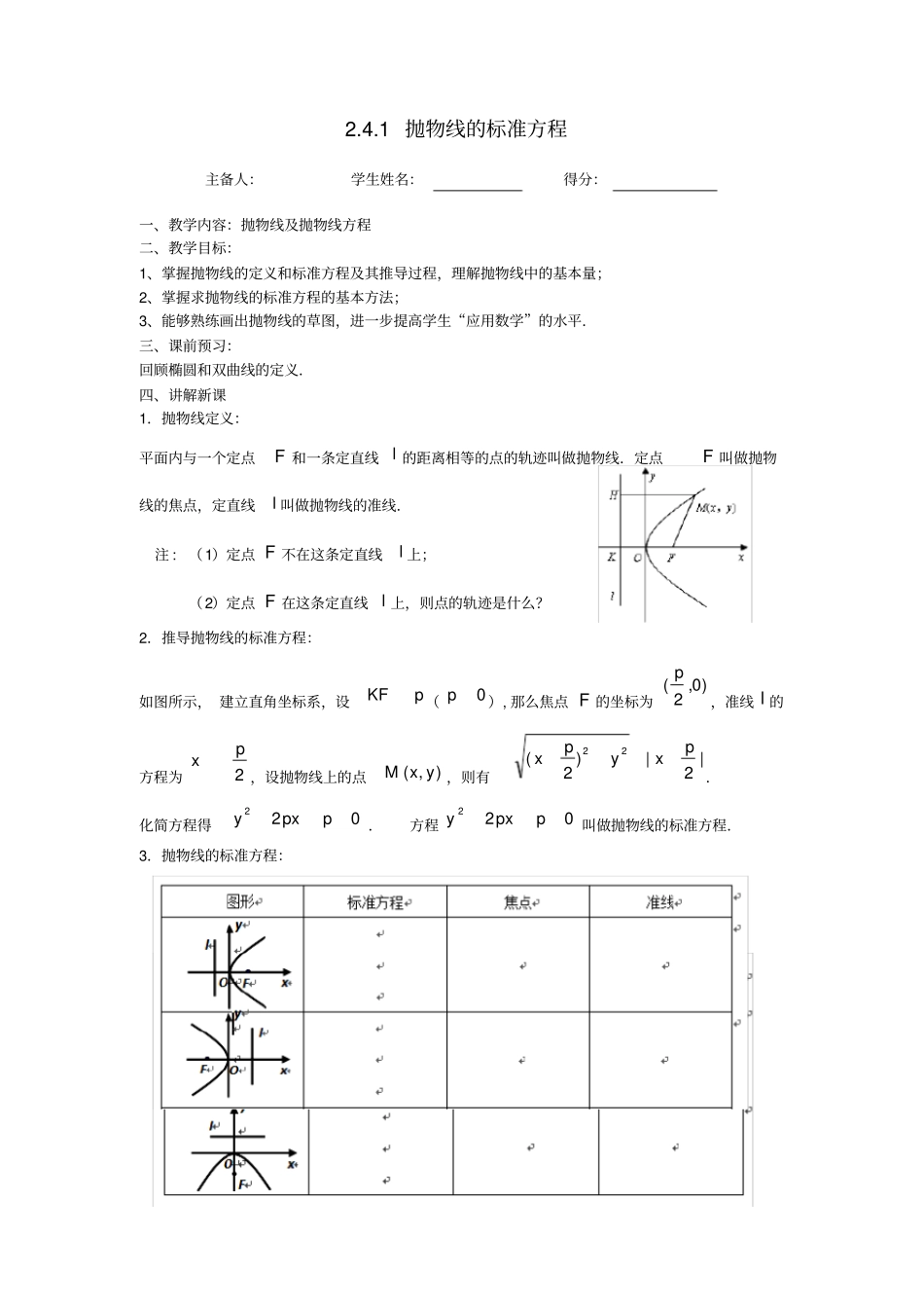 江苏东台高中数学圆锥曲线与方程1抛物线的标准方程导学案无答案苏教版选修1_1_第1页
