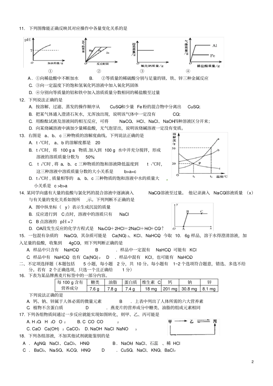 江苏丹阳中考化学模拟考试试题_第2页