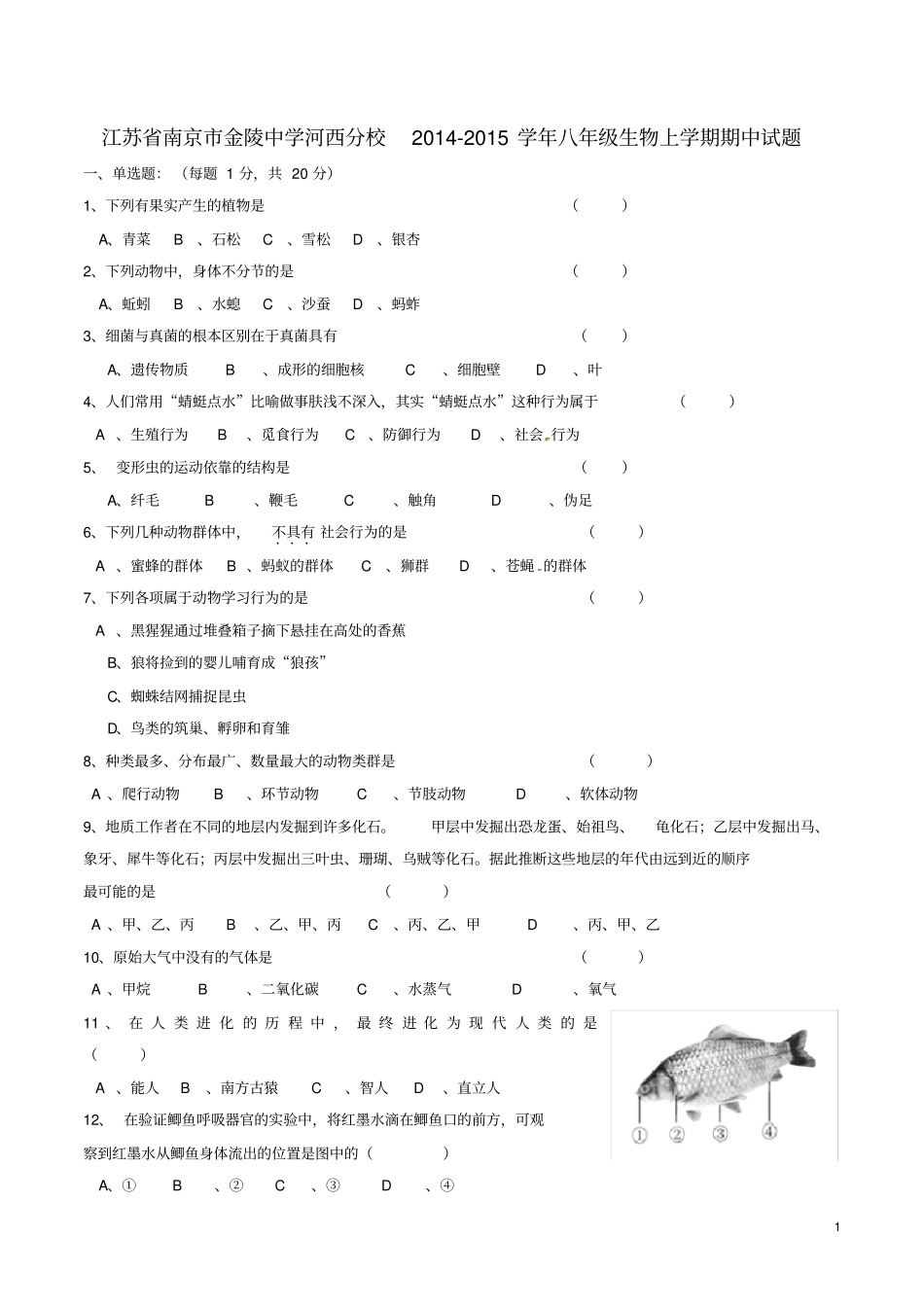 江苏南京金陵中学河西分校八年级生物上学期期中试题_第1页