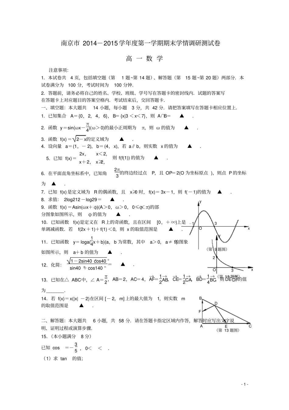 江苏南京高一数学上学期期末考试试题_第1页