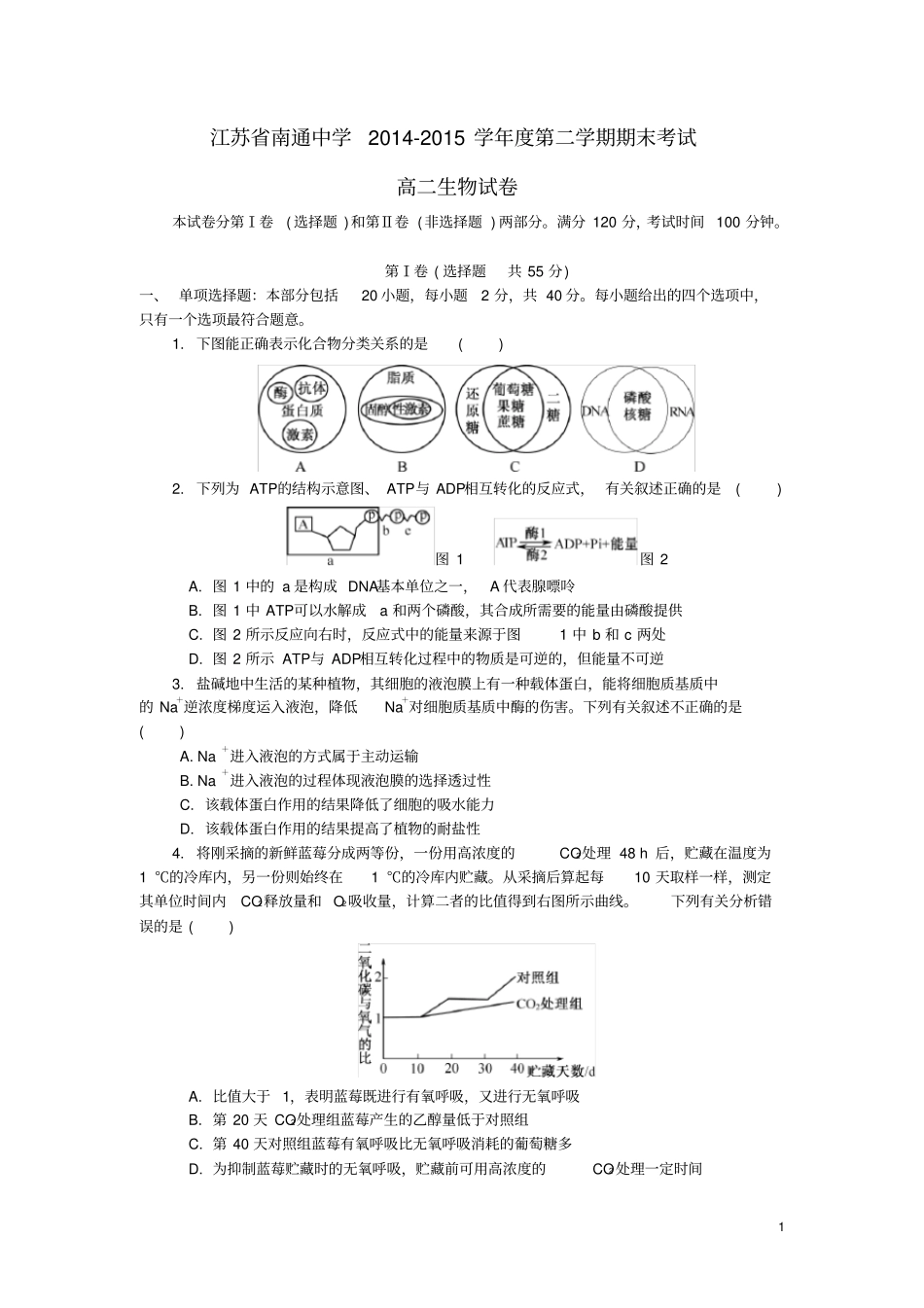 江苏南通中学高二生物下学期期末考试试题_第1页