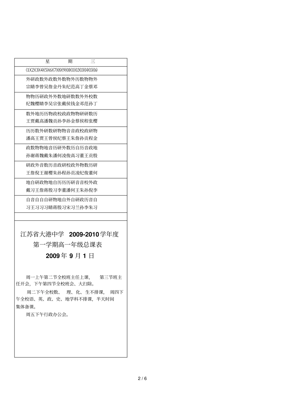 江苏大港中学学度第一学期高一级总课表_第2页