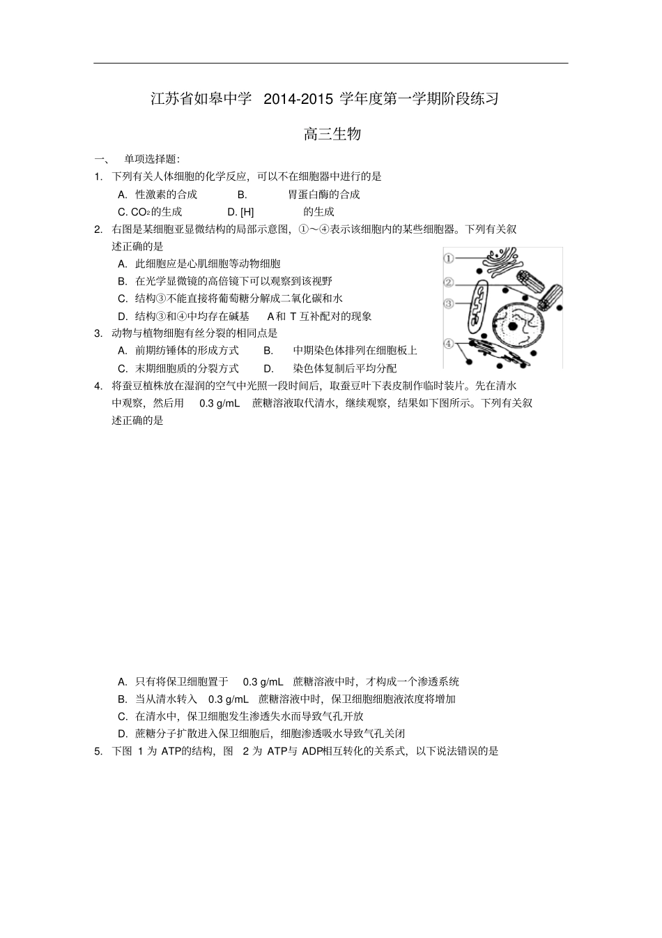 江苏如皋中学高三生物12月阶段练习试题_第1页