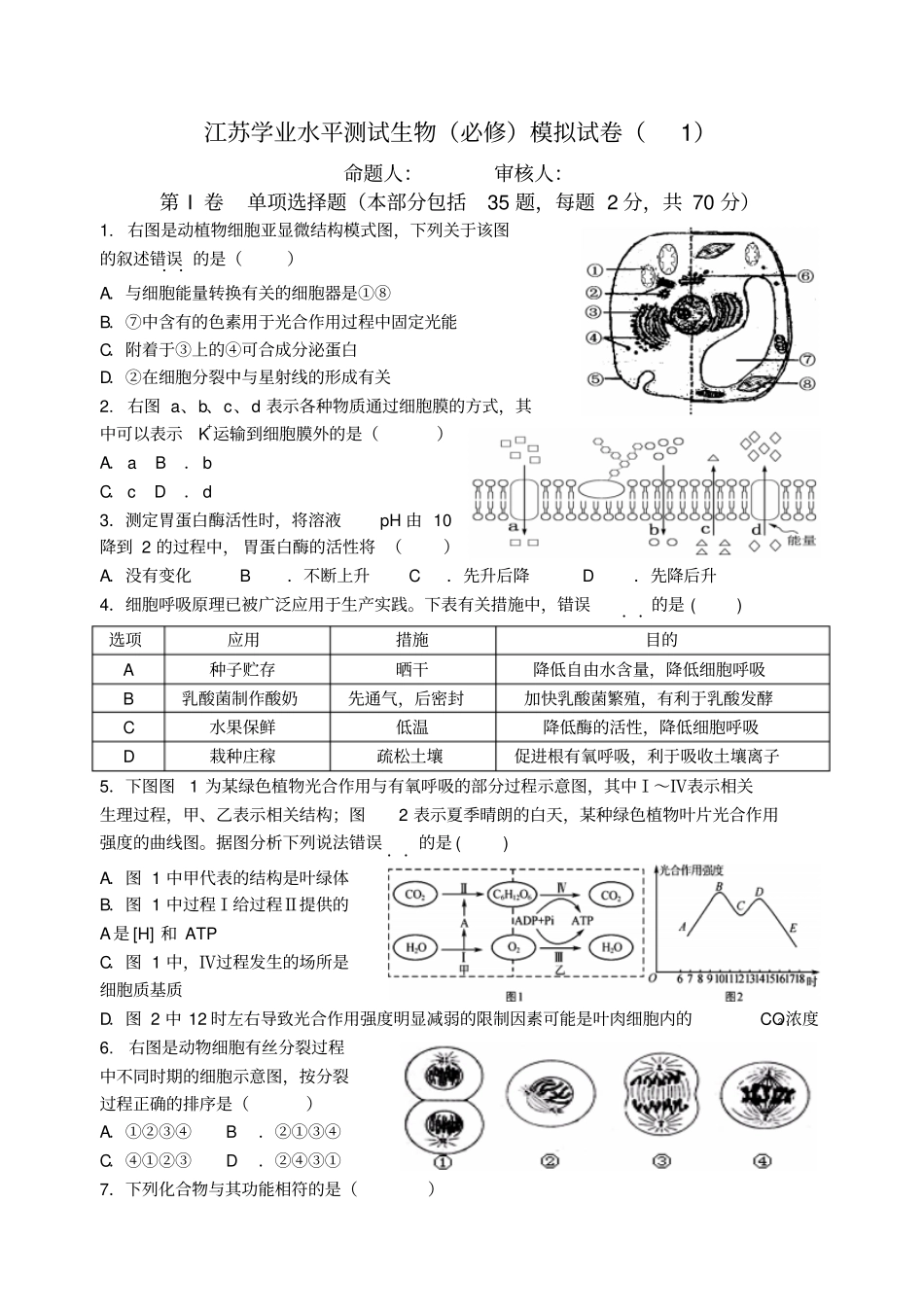 江苏学业水平测试生物模拟卷附参考答案分析_第1页