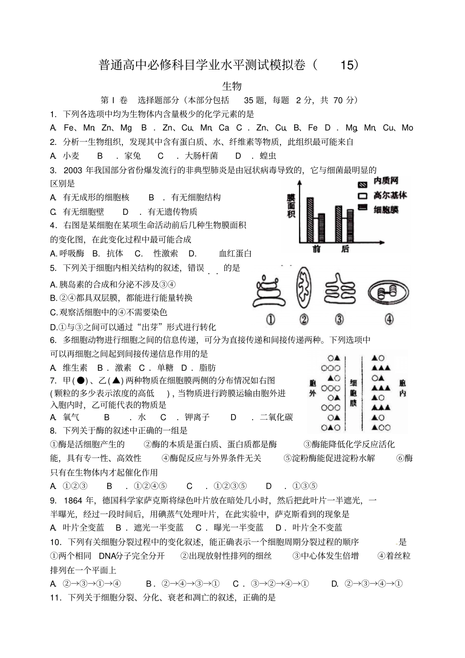 江苏学业水平测试生物模拟卷15附参考答案汇总_第1页