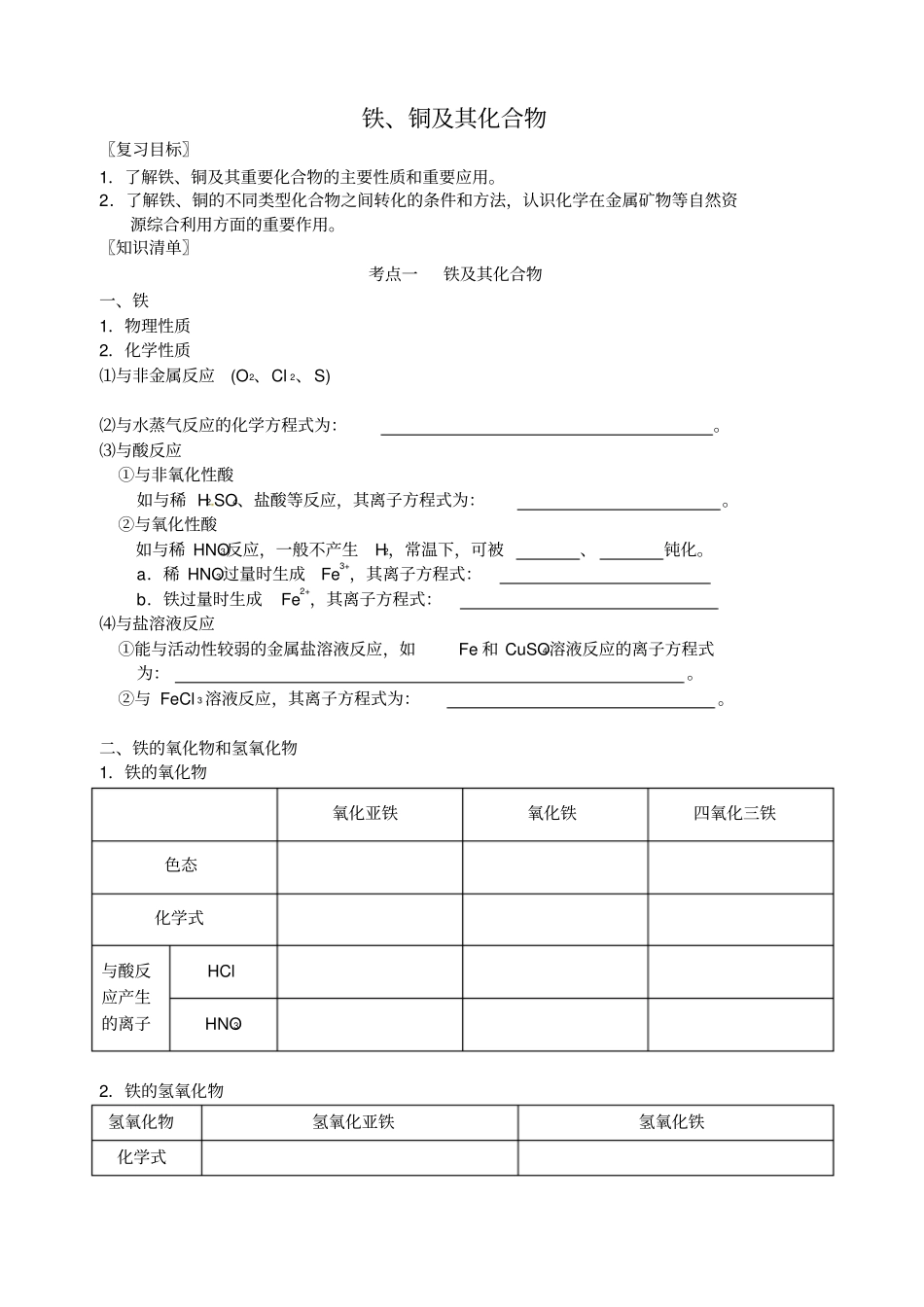 江苏扬州宝应城镇中学高三化学一轮复习铁、铜及其化合物学案_第1页