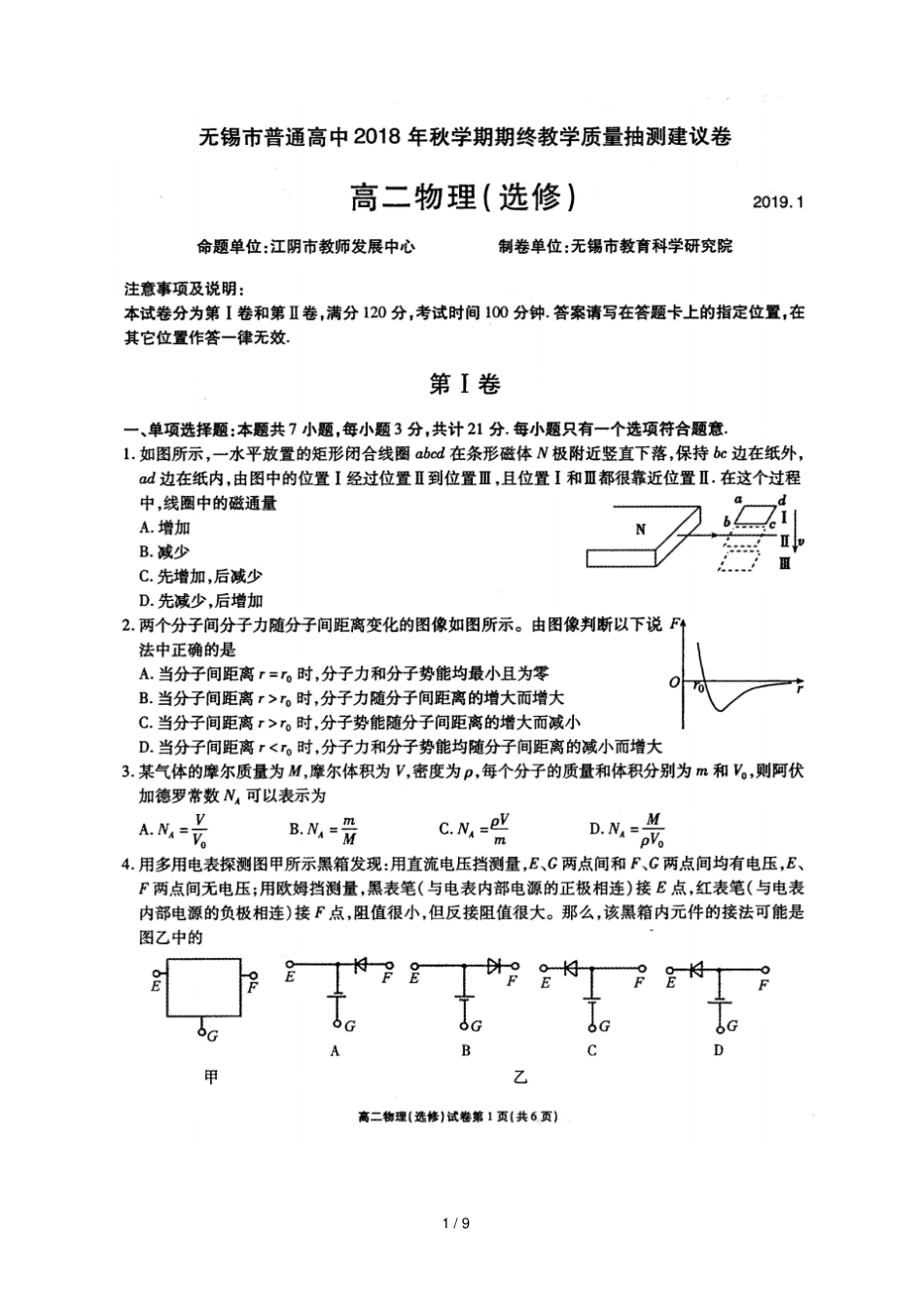 江苏无锡普通高中2018_2019学年高二物理上学期期末教学质量抽测试卷扫描版_第1页
