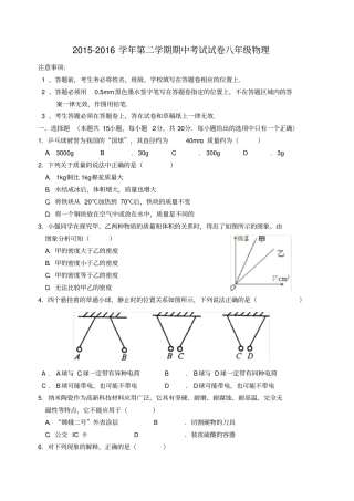 江苏无锡新区八年级物理下学期期中试题苏科版