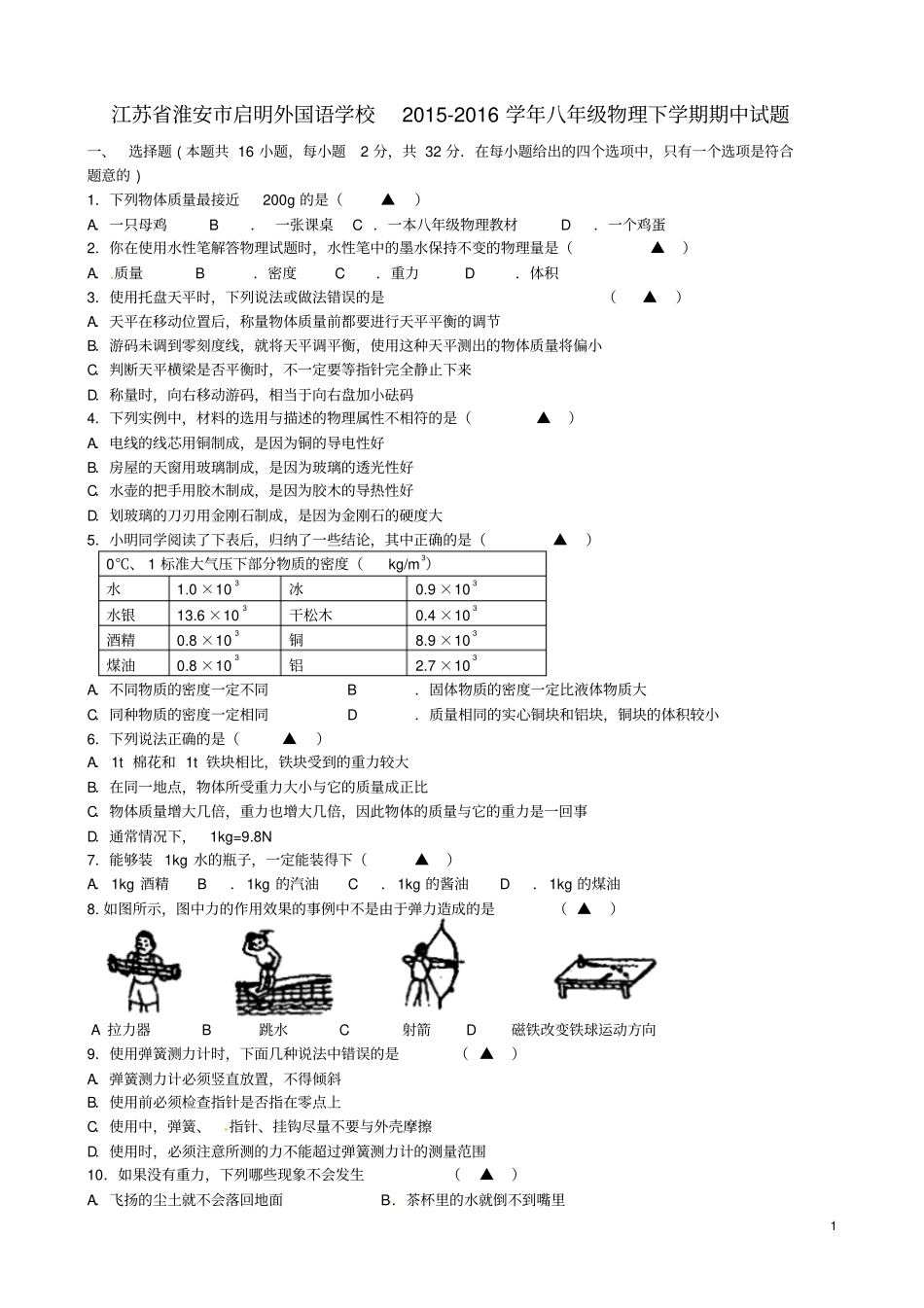 江苏淮安启明外国语学校2012016学年八年级物理下学期期中试题苏科版讲解_第1页