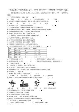 江苏淮安启明外国语学校2012016学年八年级物理下学期期中试题苏科版讲解