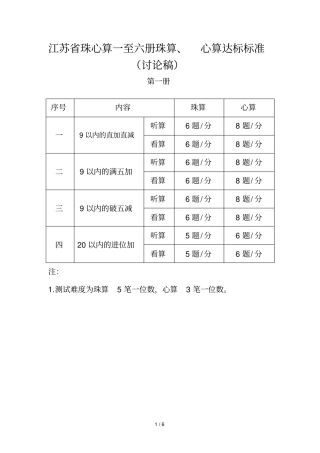 江苏珠心算一至六册达标标准