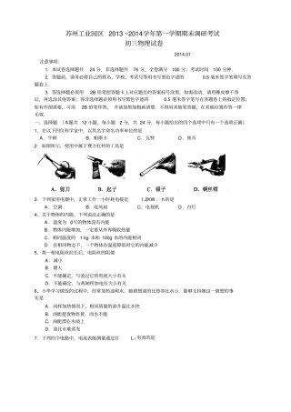 江苏苏州工业园区初三上学期期末调研考试物理试题