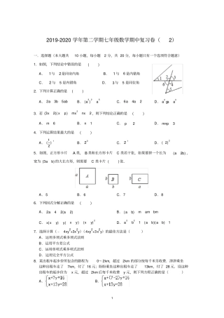 江苏苏州高新区第一初级中学2019-2020学年第二学期苏科版七年级下数学期中复习试卷