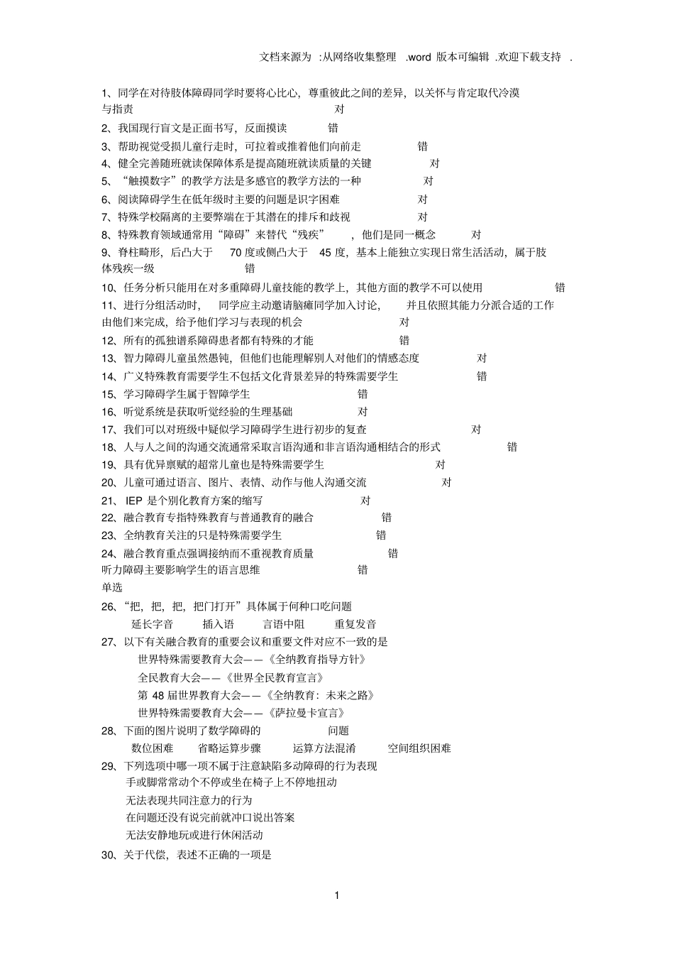 江苏融合教育知识试题五自己做的82分含答案_第1页
