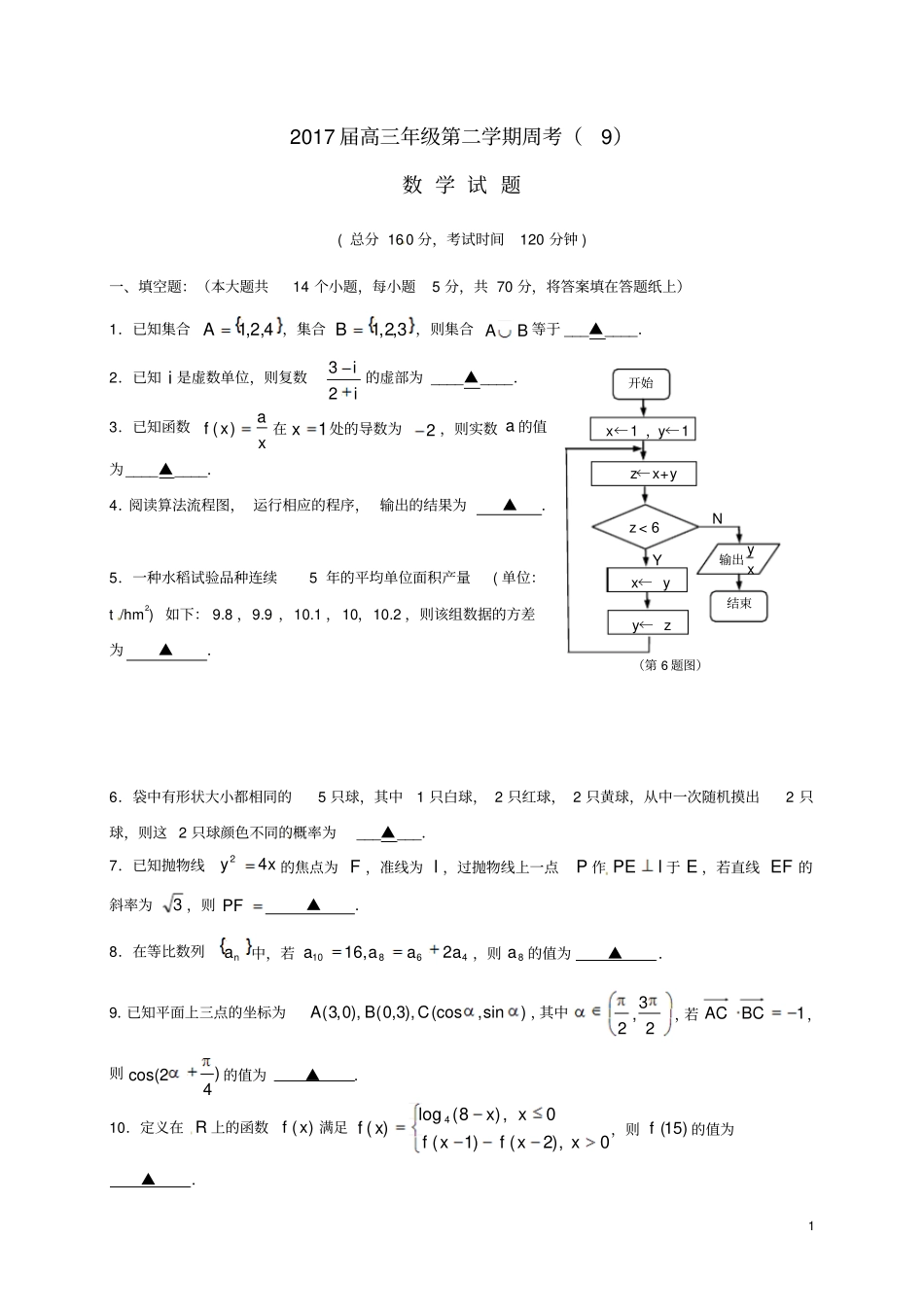 江苏高三数学下学期周考92_第1页